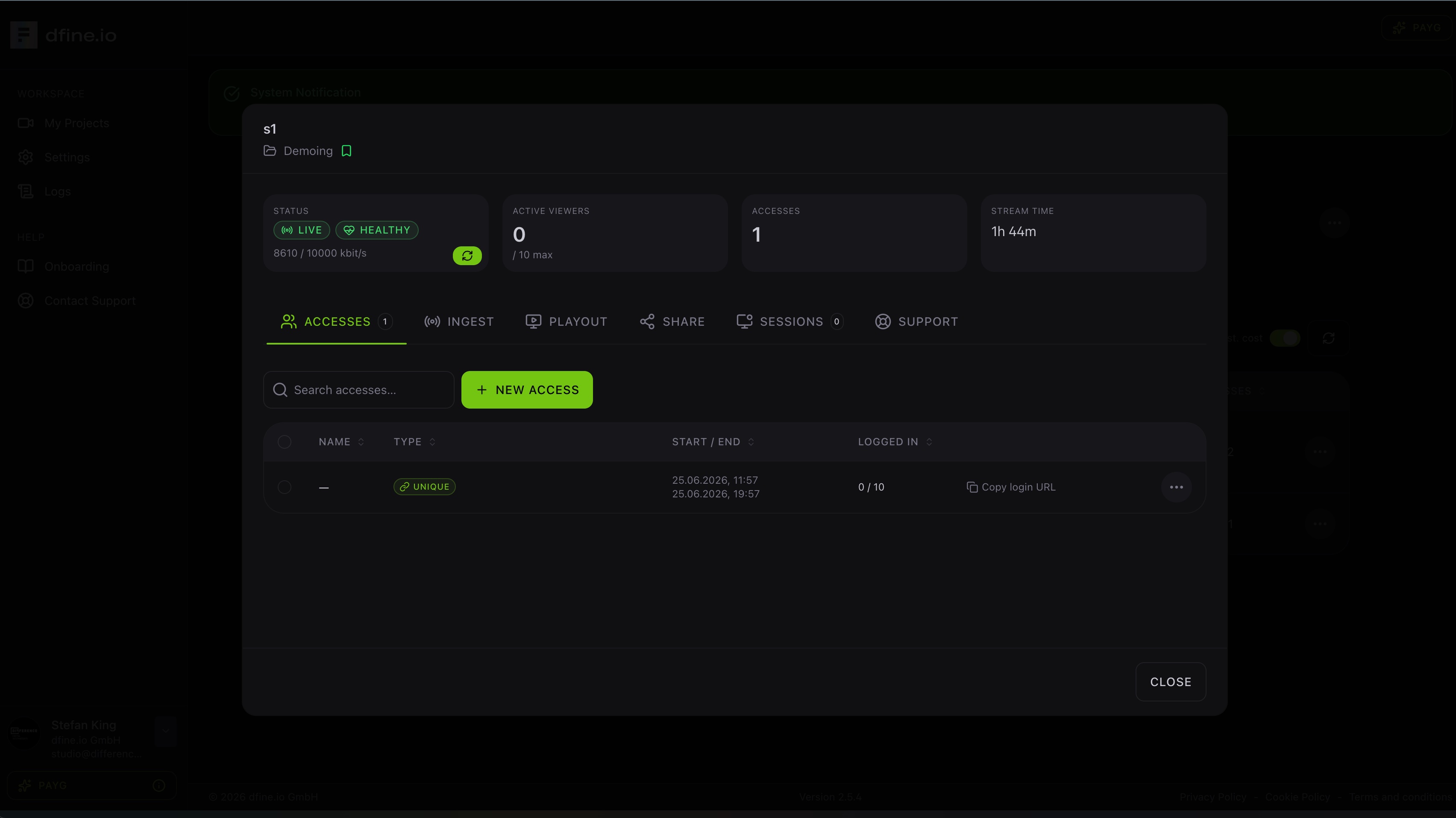 dfine.io Streaming Classic stream management dashboard
